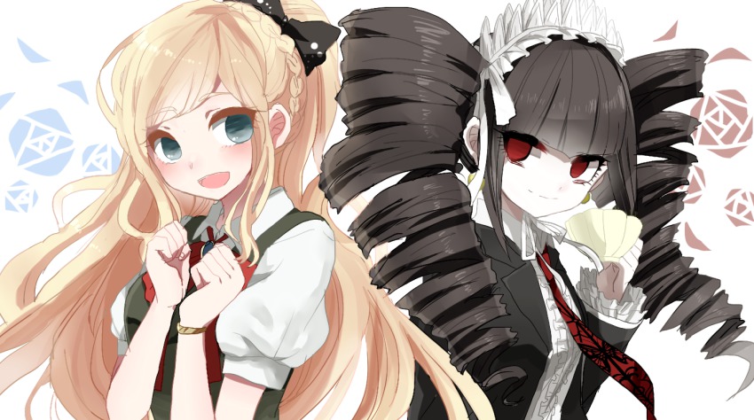 10s, 2girls, black_hair, blonde_hair, bonnet, braid, celestia_ludenberg, cup