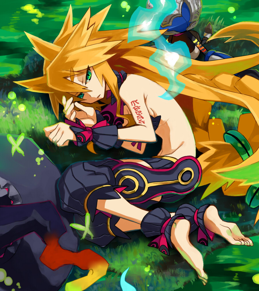 1girl, ankle_cuffs, back, barefoot, blonde_hair, bra, creature, artistic_error