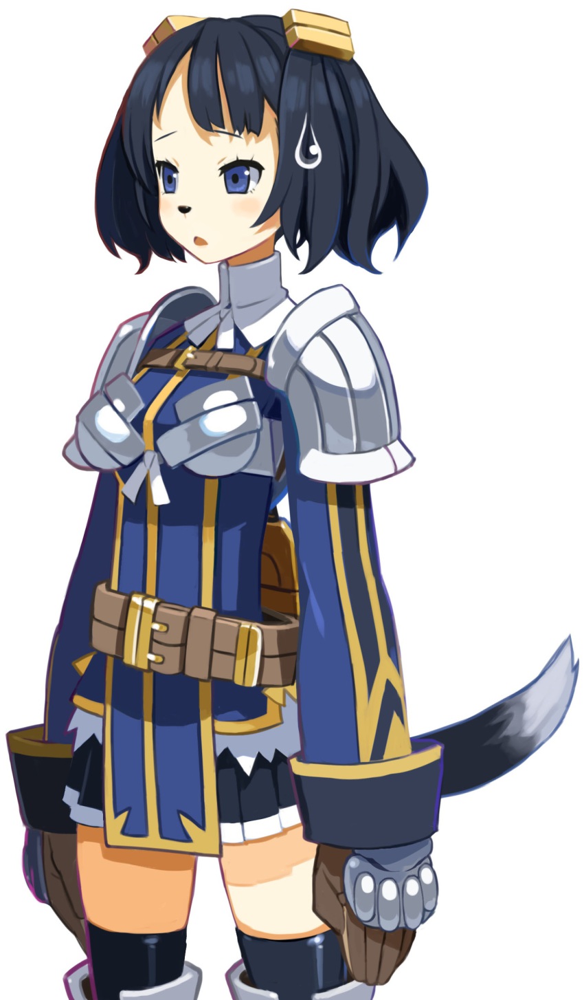1girl, absurdres, animal_nose, armor, armored_dress, black_hair, black_skirt, black_thighhighs, blue_eyes, dog_tail, dress, female_focus, gloves, hair_ornament, hairclip, harada_takehito, highres, majo_to_hyakkihei, official_art, short_hair, skirt, solo, sweatdrop, tail, thighhighs, viscole_dotrish, white_background