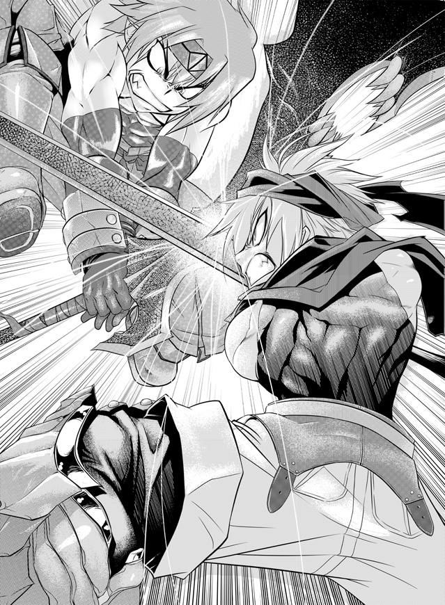 2boys, angry, battle, clenched_teeth, disgaea, etrian_odyssey, gloves, greyscale