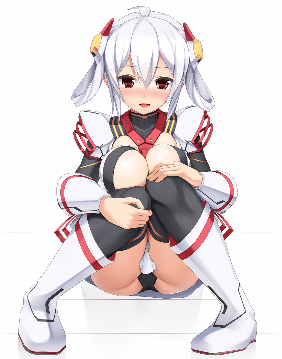 1girl, :d, black_thighhighs, blush, boots, breasts, cleavage_cutout, clothing_cutout, edea_cluster, eto, female_focus, full_body, hair_between_eyes, hair_rings, hands_on_own_knees, highres, knees_together_feet_apart, large_breasts, looking_at_viewer, matoi_(pso2), md5_mismatch, nose_blush, open_mouth, phantasy_star, phantasy_star_online_2, red_eyes, resized, resolution_mismatch, short_hair, silver_hair, sitting, smile, solo, source_smaller, thighhighs, upscaled, white_background