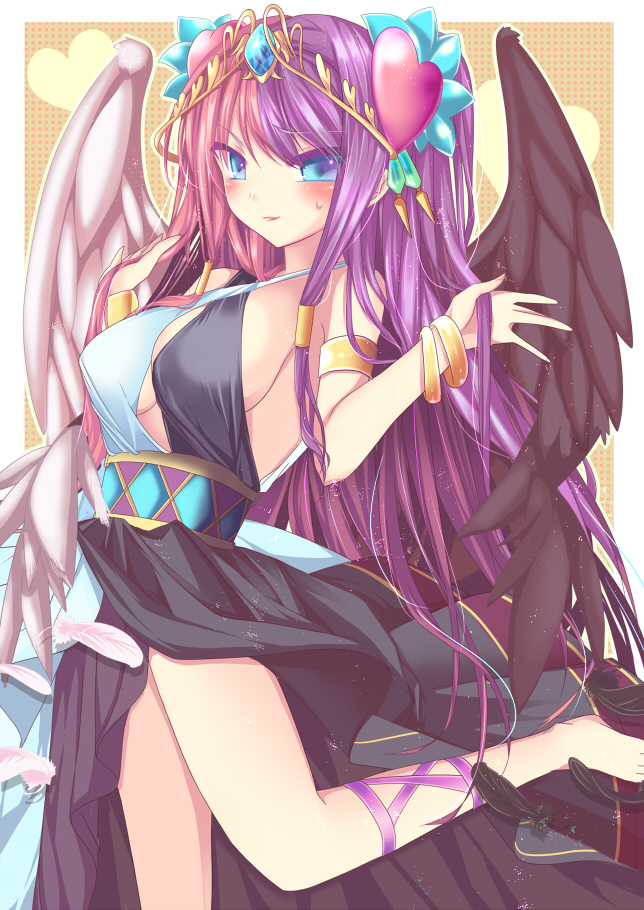 1girl, armlet, asymmetrical_wings, bare_shoulders, barefoot, black_wings, blue_eyes, blush