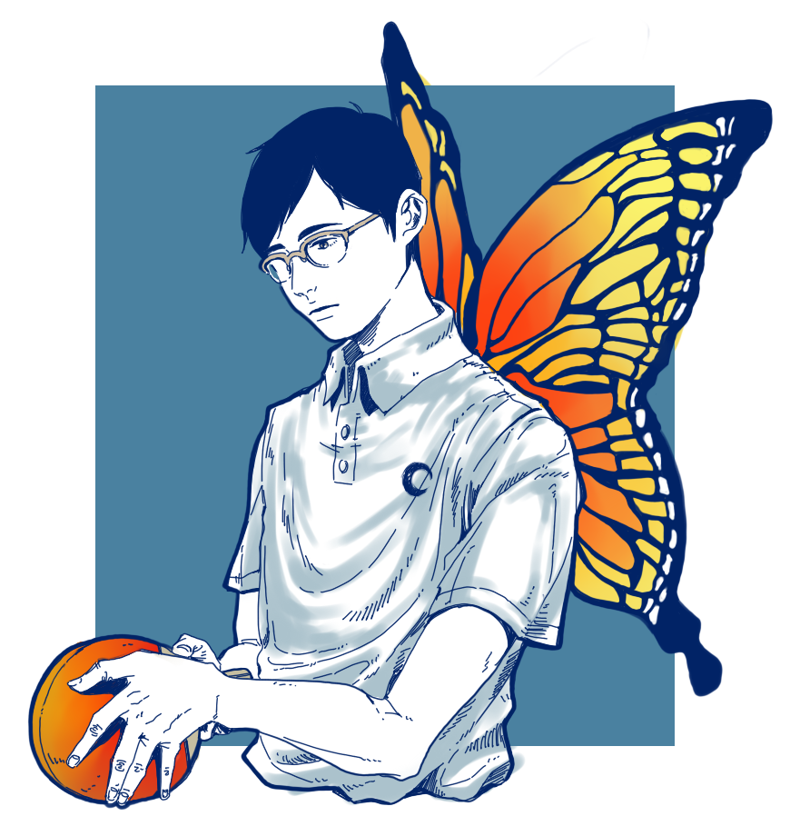 1boy, black_hair, blue_background, bug, butterfly, butterfly_wings, buttons, celandine