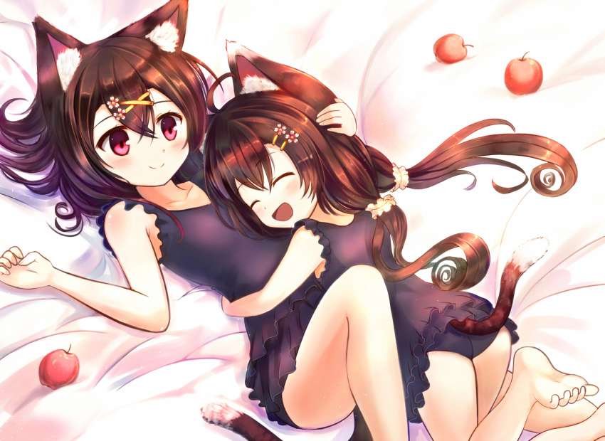 2girls, :d, ^_^, animal_ears, apple, barefoot, black_hair, cat_ears