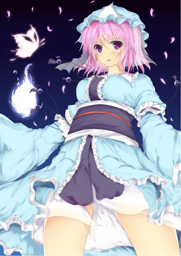 1girl, breasts, bug, butterfly, cowboy_shot, female_focus, from_behind, from_below