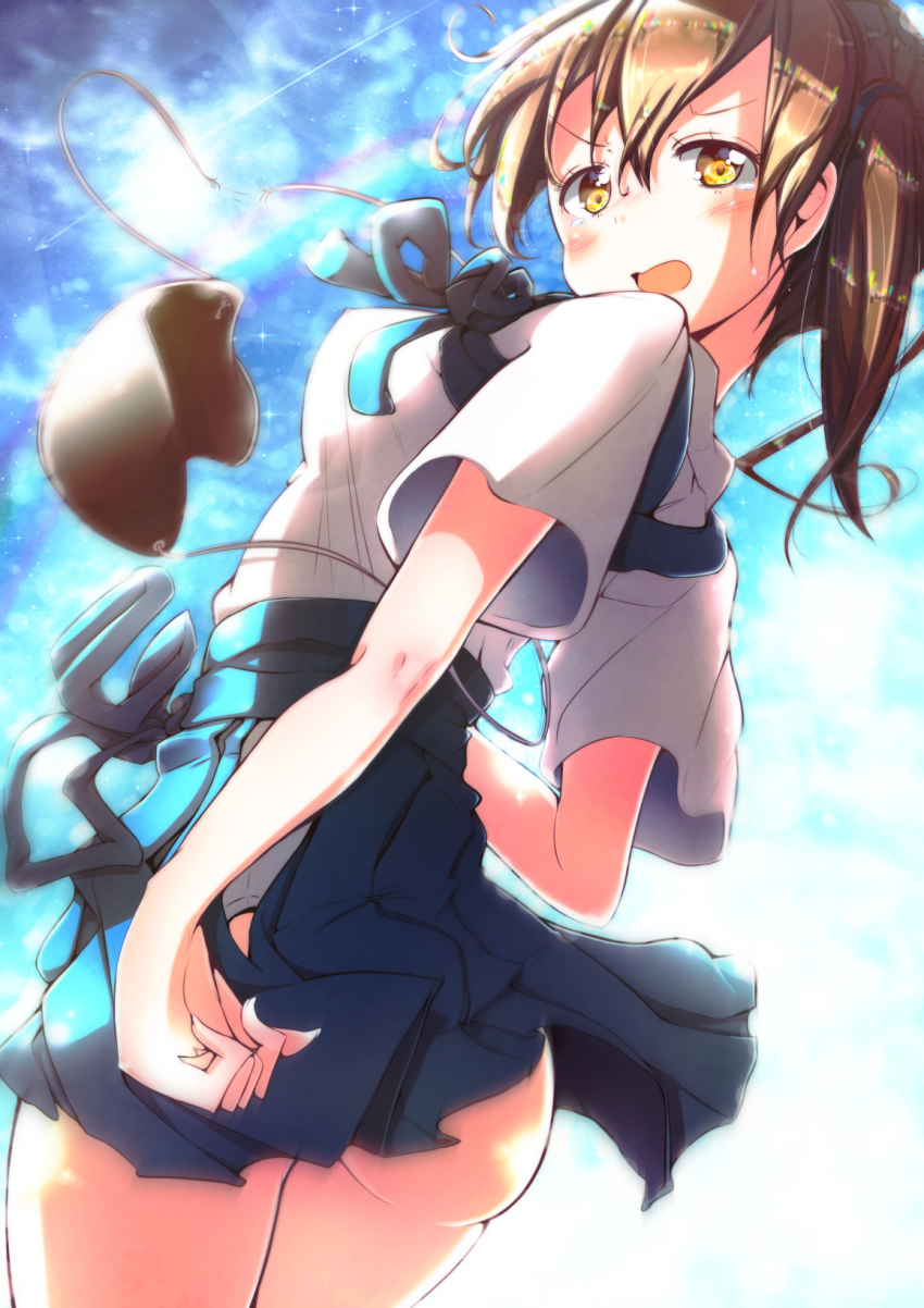 10s, 1girl, ass, blue_skirt, blue_sky, blush, brown_eyes, brown_hair