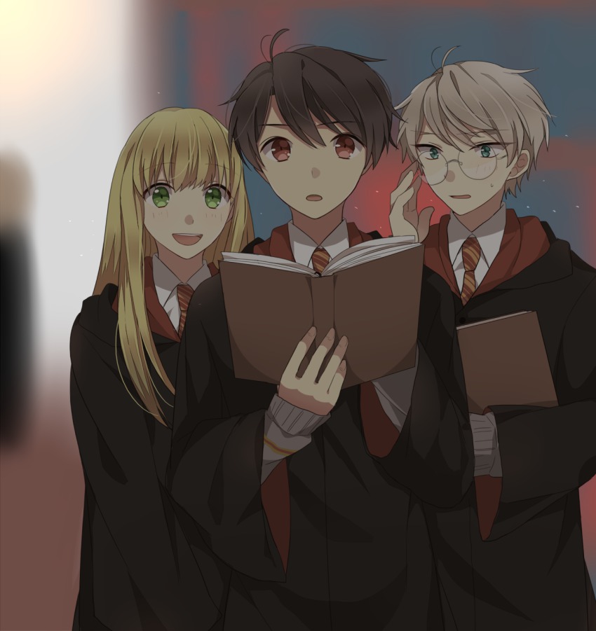 1girl, 2boys, aldnoah.zero, asseylum_vers_allusia, bad_id, bad_pixiv_id, bespectacled, blonde_hair