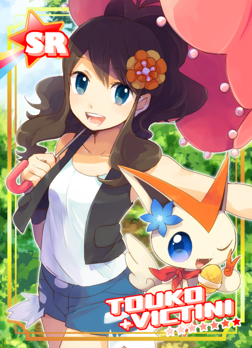 1girl, blouse, blue_eyes, brown_hair, character_name, clothed_pokemon, day, denim
