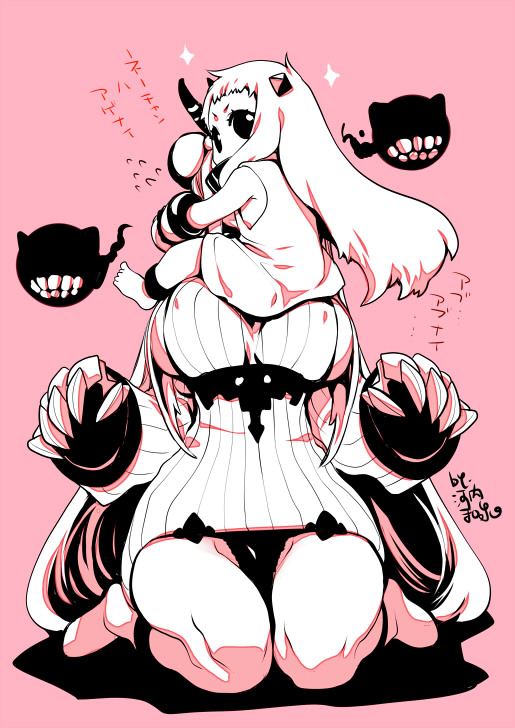 10s, 2girls, abyssal_ship, bare_shoulders, breasts, claws, dress, dress_shirt, flying_sweatdrops, head_hug, horns, kantai_collection, kawachi_izumi, large_breasts, looking_at_viewer, looking_back, monochrome, multiple_girls, northern_ocean_princess, ribbed_dress, seaport_princess, shirt, short_dress, single_horn, sitting, sitting_on_breasts, teeth, translation_request