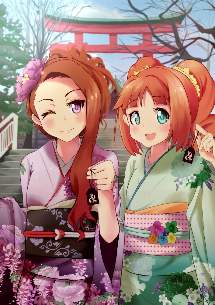 2girls, 3;, alternate_hairstyle, aqua_eyes, brown_hair, charm_(object), flower, hair_ornament