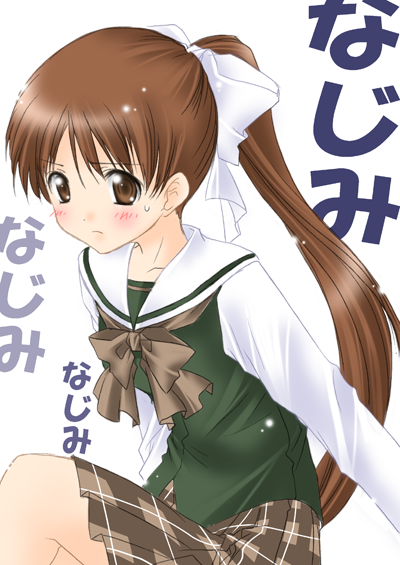00s, 1girl, blush, bow, brown_eyes, brown_hair, doujin_work, female_focus