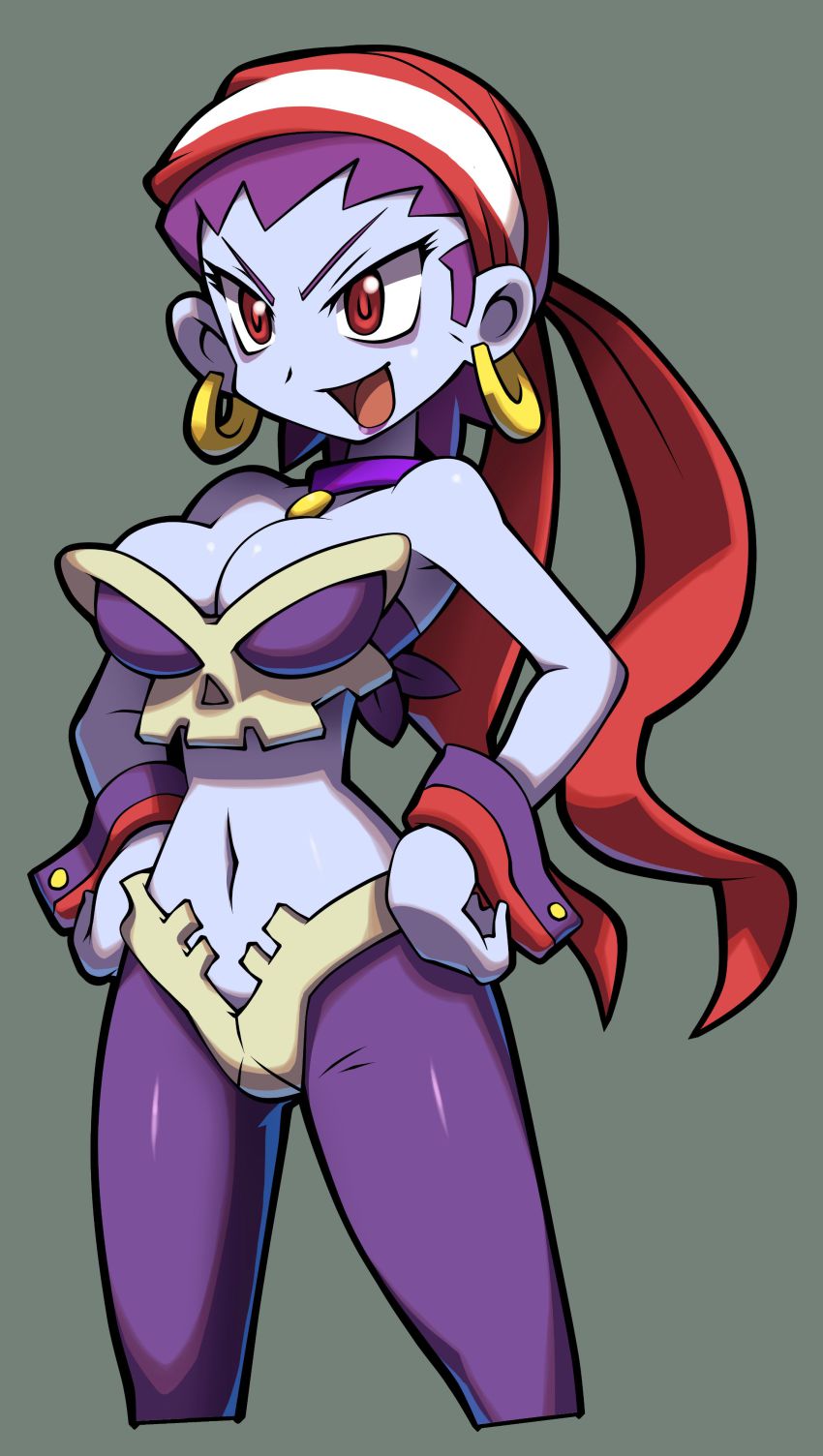 >:d, 1girl, :d, absurdres, alternate_headwear, bandana, bare_shoulders, blue_skin, bone_bra, bone_panties, breasts, bustier, choker, cleavage, colored_skin, cropped_legs, earrings, eyeliner, female_focus, grin, hands_on_own_hips, highres, hoop_earrings, jewelry, large_breasts, lipstick, makeup, navel, official_art, open_mouth, pantyhose, pirate_costume, purple_hair, purple_lips, red_eyes, risky_boots, shantae_(series), shantae_and_the_pirate's_curse, simple_background, skull, smile, solo, standing, v-shaped_eyebrows, wrist_cuffs, yabe_makoto