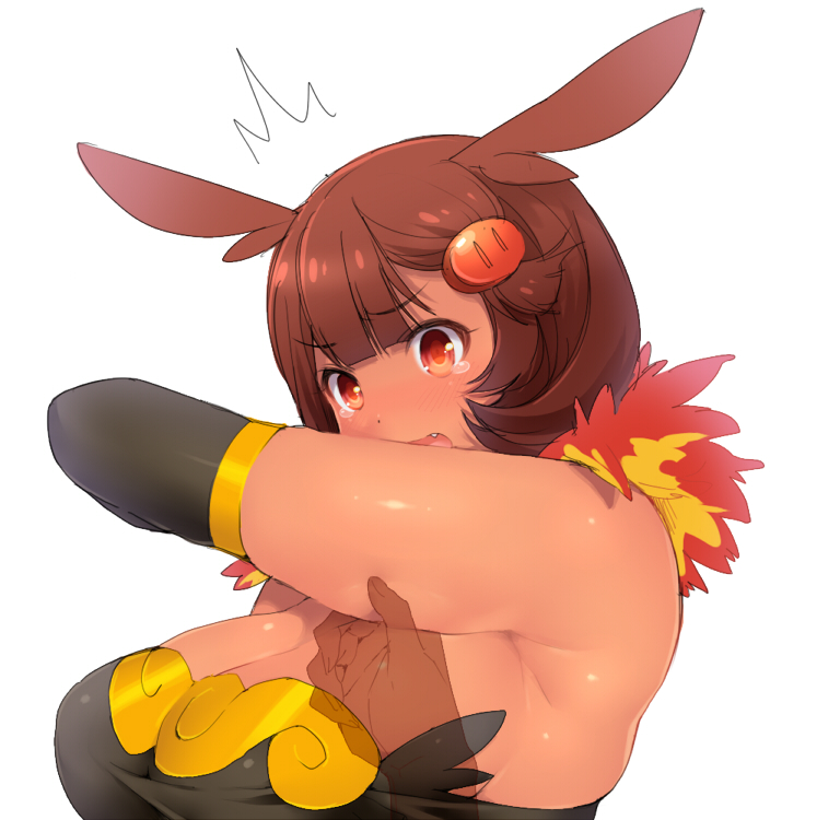 1girl, ^^^, armpits, breasts, brown_hair, cleavage, elbow_gloves, emboar, fang, gen_5_pokemon, gloves, hair_ornament, hizuki_akira, humanization, large_breasts, nintendo, open_mouth, pinching, plump, pokemon, pov, pov_hands, red_eyes, solo_focus, tan, tears, transparent_limb