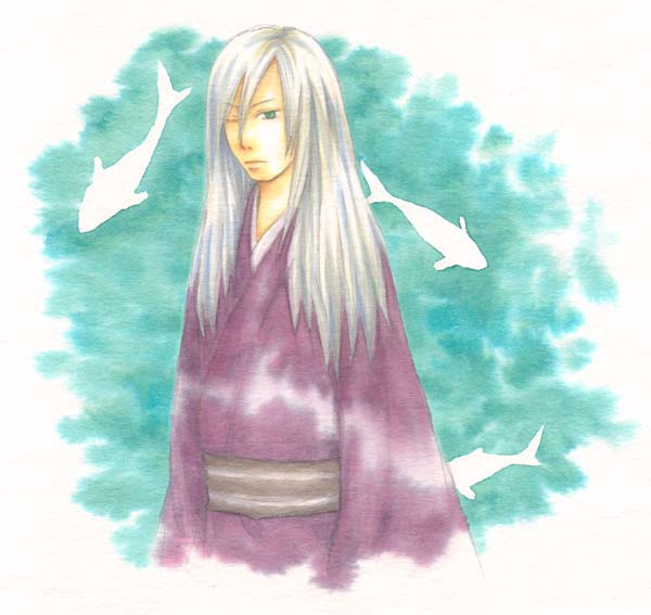 1girl, blue_eyes, female_focus, fish, japanese_clothes, long_hair, mushishi, nui