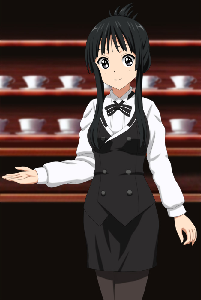 1girl, akiyama_mio, alternate_costume, aoyama_blue_mountain, aoyama_blue_mountain_(cosplay), bartender, black_eyes, black_hair, bow, bowtie, cosplay, cowboy_shot, cp9a, cup, gochuumon_wa_usagi_desu_ka?, k-on!, long_hair, pantyhose, smile, teacup, vest