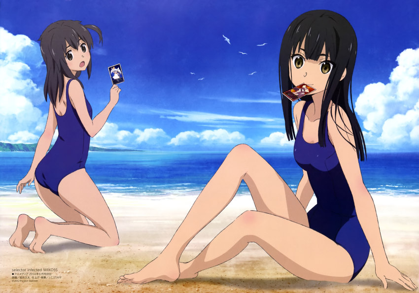 10s, 2girls, absurdres, ass, barefoot, beach, black_hair, breasts