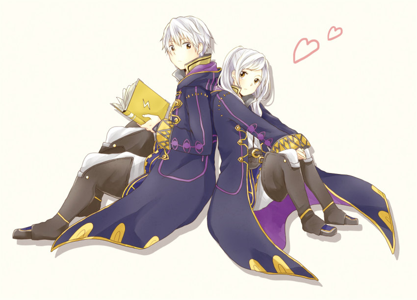 1boy, 1girl, back-to-back, book, dual_persona, female_robin_(fire_emblem), fire_emblem, fire_emblem_awakening