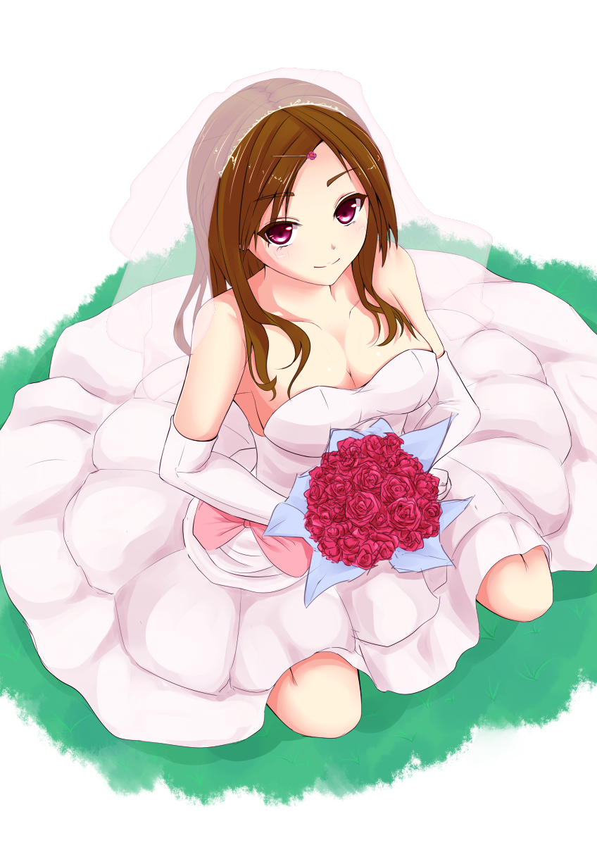 1girl, bouquet, breasts, brown_hair, cleavage, collarbone, dress, elbow_gloves, female_focus, flower, from_above, gloves, hair_ornament, hairclip, highres, holding, kurohachiboku, long_hair, looking_at_viewer, original, purple_eyes, sitting, smile, solo, veil, wedding_dress