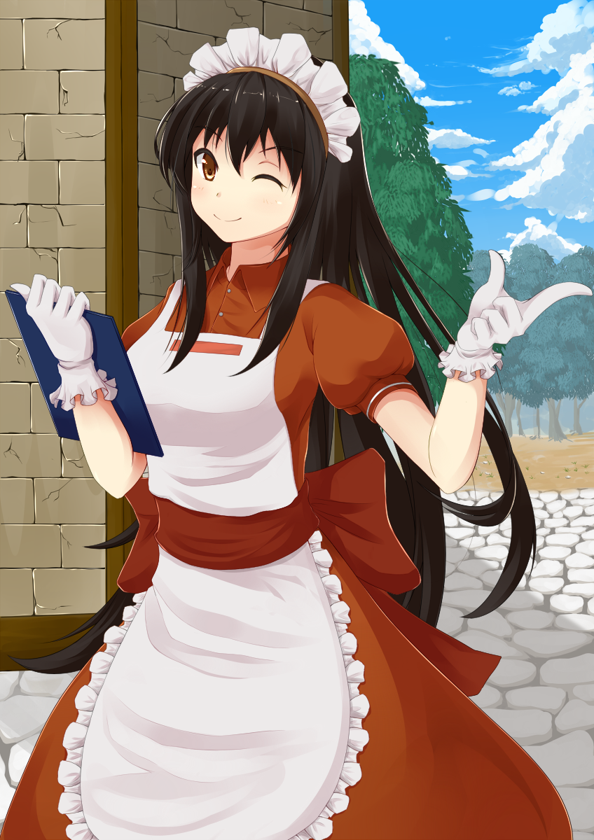 1girl, ;), black_hair, brown_eyes, female_focus, gloves, highres, holding