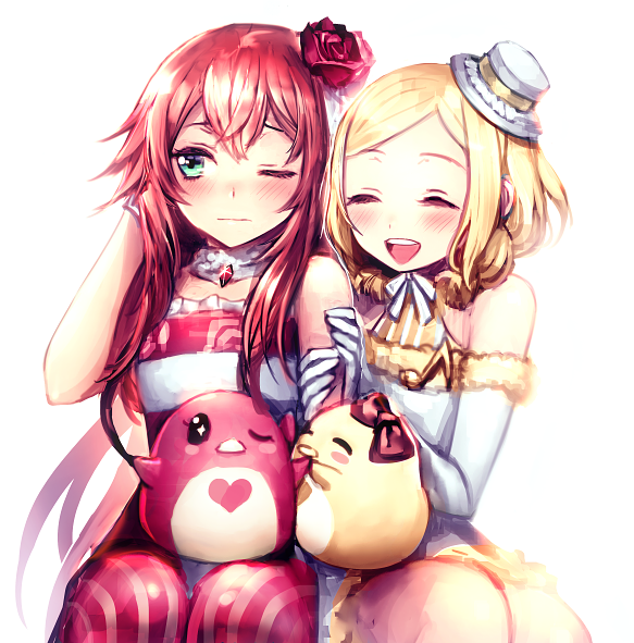 2girls, :d, ^_^, bare_shoulders, blonde_hair, blue_eyes, blush, brooch, closed_eyes, detached_collar, elbow_gloves, femini_(pretty_rhythm), fur_trim, glint, gloves, hat, irua, jewelry, long_hair, mini_hat, mini_top_hat, multiple_girls, open_mouth, pretty_series, pretty_rhythm, pretty_rhythm_rainbow_live, purple_eyes, red_hair, renjouji_beru, sessny_(pretty_rhythm), short_hair, simple_background, sitting, smile, star_(symbol), stuffed_animal, stuffed_toy, takanashi_otoha, top_hat, wavy_mouth, white_background, white_gloves, yuri
