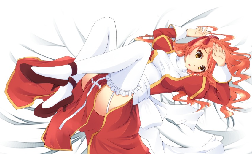1girl, ass, bed_sheet, brown_eyes, female_focus, garter_straps, hair_ornament, high_priest_(ragnarok_online)