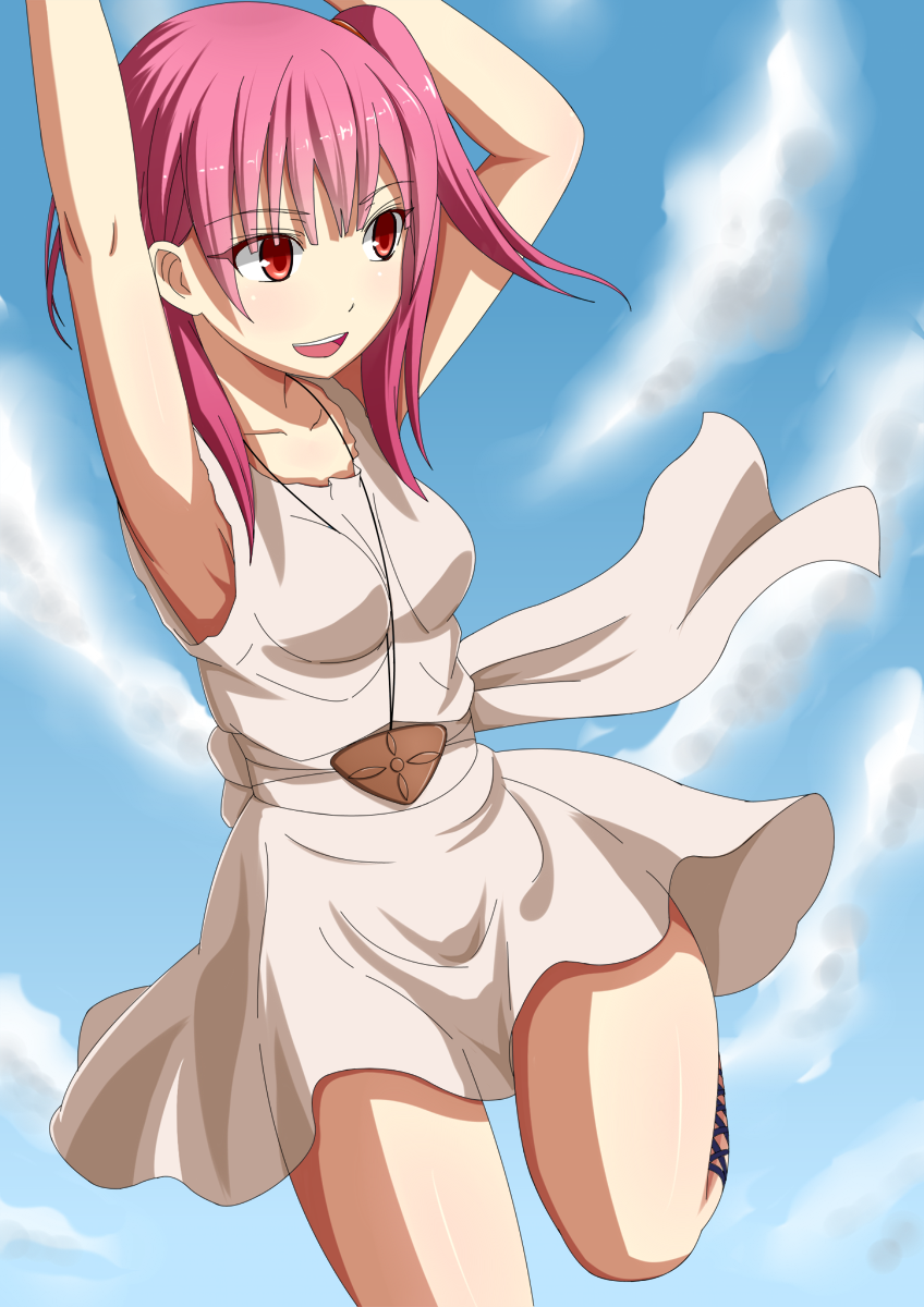 1girl, :d, armpits, dress, female_focus, hands_up, highres, jewelry, kurohachiboku, looking_at_viewer, magi_the_labyrinth_of_magic, morgiana, open_mouth, pendant, pink_hair, red_eyes, side_ponytail, smile, solo