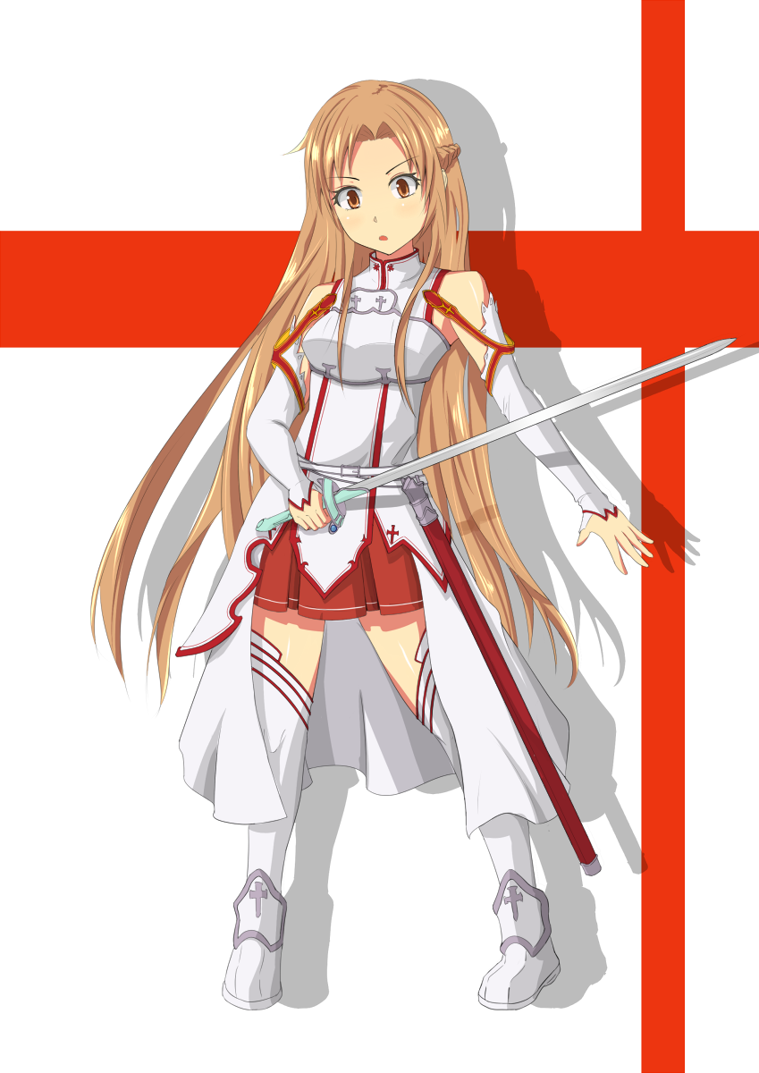 10s, 1girl, asuna_(sao), brown_eyes, brown_hair, chest_plate, detached_sleeves, female_focus