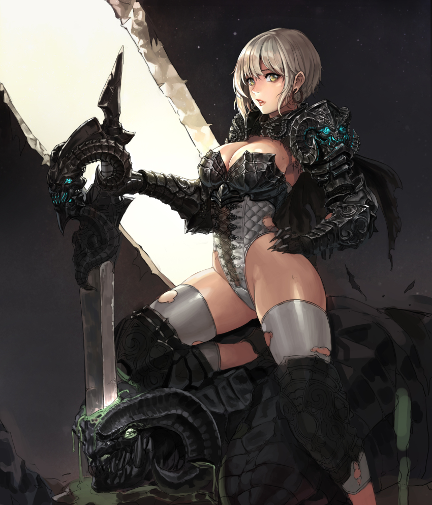 1girl, absurdres, armor, blonde_hair, blood, breasts, cherrylich, cleavage