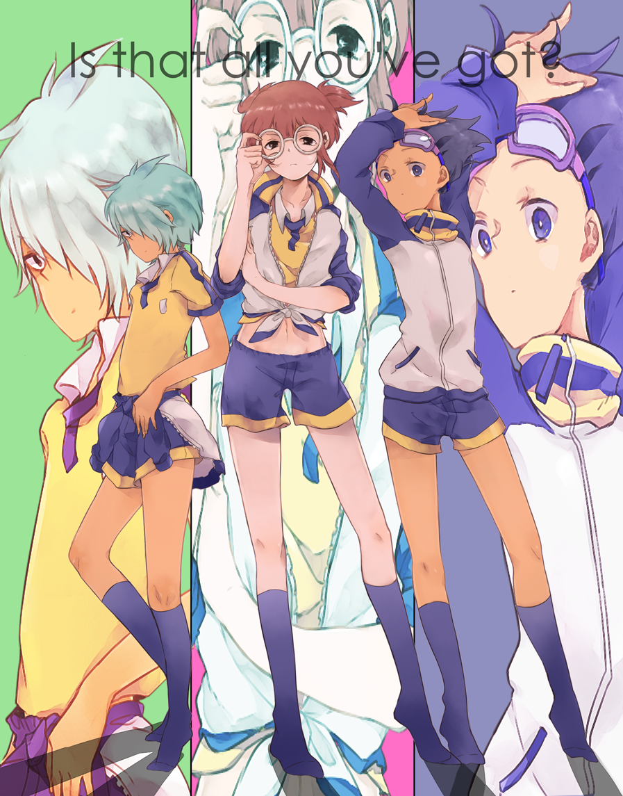 3boys, aqua_hair, arm_up, bad_id, bad_pixiv_id, black_eyes, brown_hair, clothes_around_waist, english_text, glasses, goggles, goggles_on_head, hair_over_one_eye, hamano_kaiji, hayami_tsurumasa, inazuma_eleven_(series), inazuma_eleven_go, jacket, jacket_around_waist, kurama_norihito, legs, looking_at_viewer, male_focus, midriff, multiple_boys, navel, no_shoes, open_clothes, open_jacket, purple_eyes, purple_hair, raimon, raimon_soccer_uniform, shirt, short_hair, shorts, soccer_uniform, socks, sportswear, standing, tied_shirt, track_jacket, usagi_inu, zoom_layer