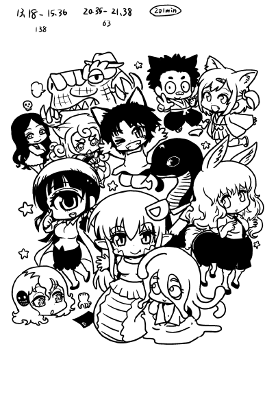 10s, 2boys, 6+girls, ahoge, alex_rex, animal_ears, annotation_request, cat_ears