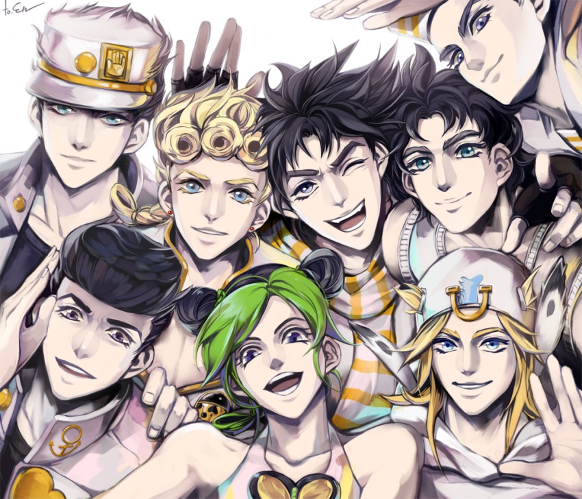 1girl, 6+boys, black_hair, blonde_hair, deyamiro, double_bun, family, giorno_giovanna, green_hair, hair_bun, happy, higashikata_josuke, higashikata_josuke_(jojolion), johnny_joestar, jojo_no_kimyou_na_bouken, jojolion, jonathan_joestar, joseph_joestar, joseph_joestar_(young), kuujou_jolyne, kuujou_joutarou, looking_at_viewer, multicolored_hair, multiple_boys, open_mouth, pompadour, smile, steel_ball_run, two-tone_hair, vento_aureo