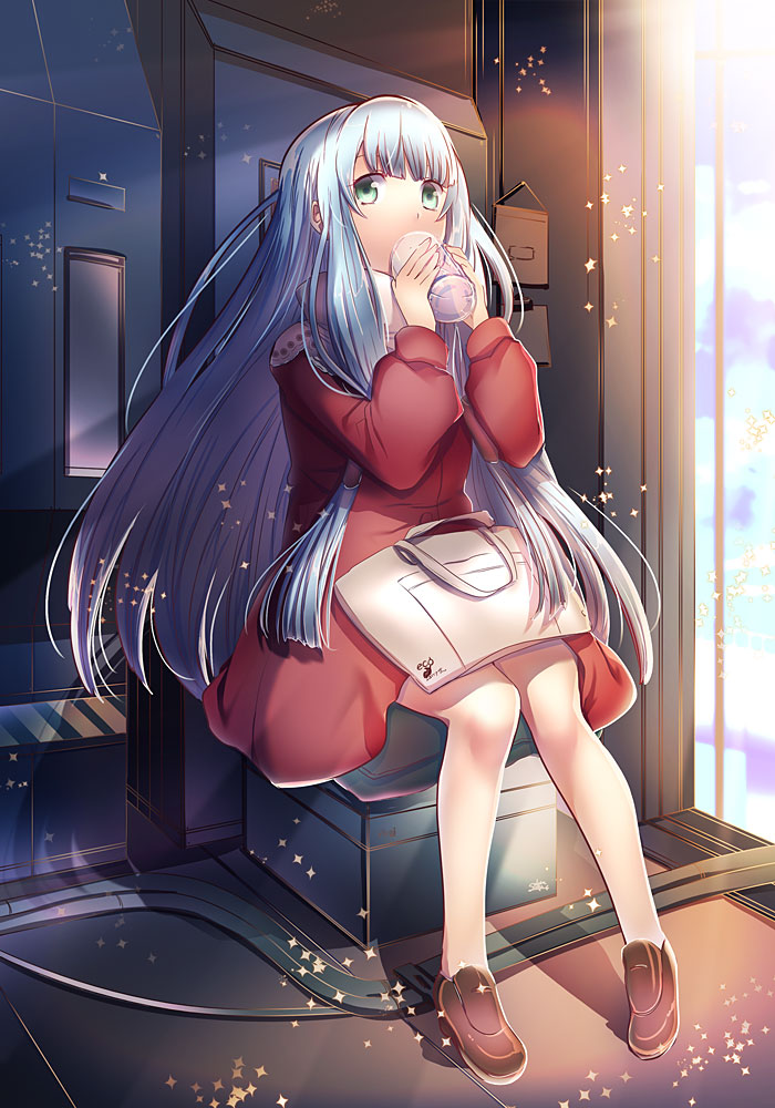 10s, 1girl, alternate_costume, aoki_hagane_no_arpeggio, bag, blue_hair, drinking, glass
