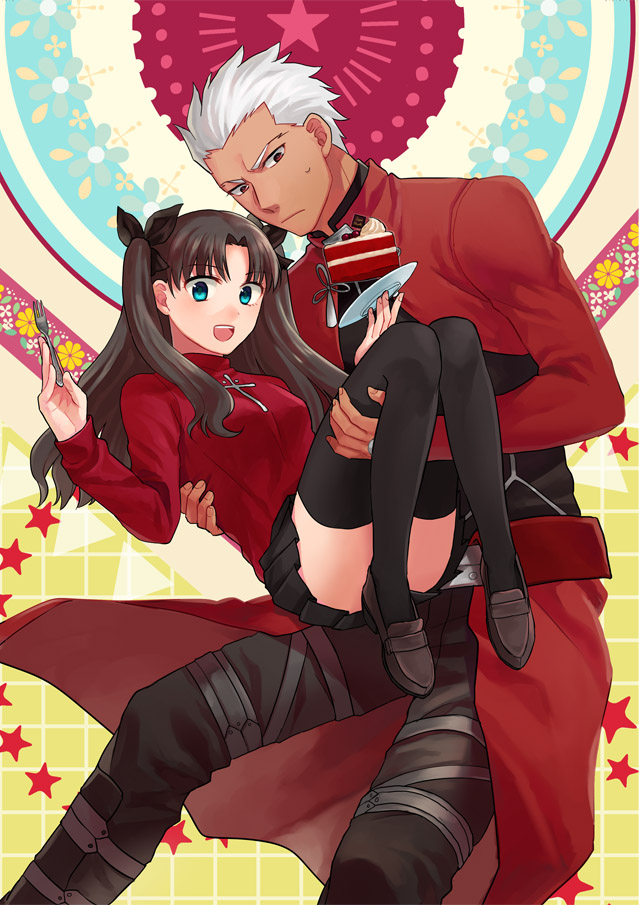 1boy, 1girl, archer_(fate), bad_id, bad_pixiv_id, black_thighhighs, blue_eyes, brown_hair