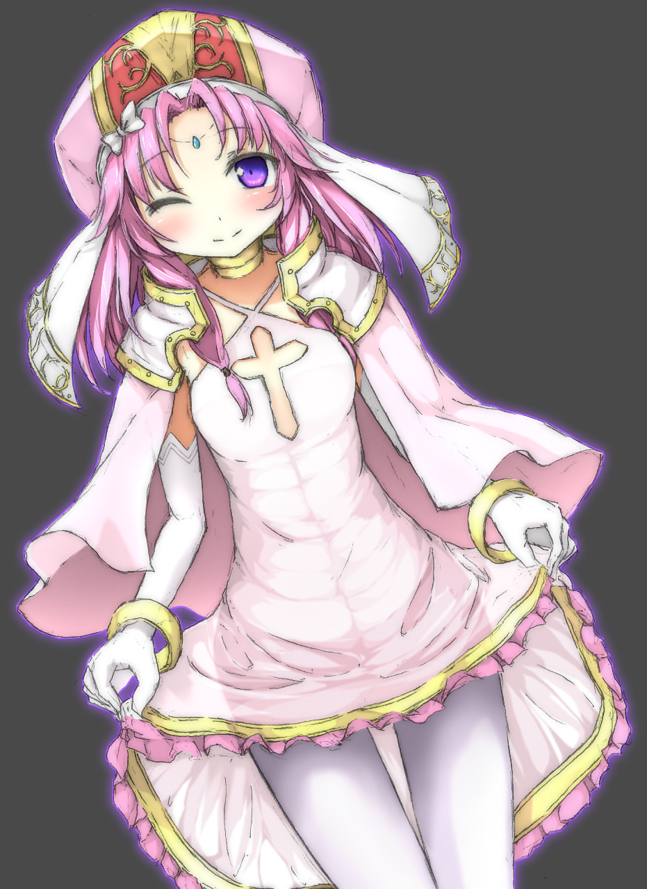 1girl, ;), artist_request, awakening_(sennen_sensou_aigis), bangle, black_background, blush, bow