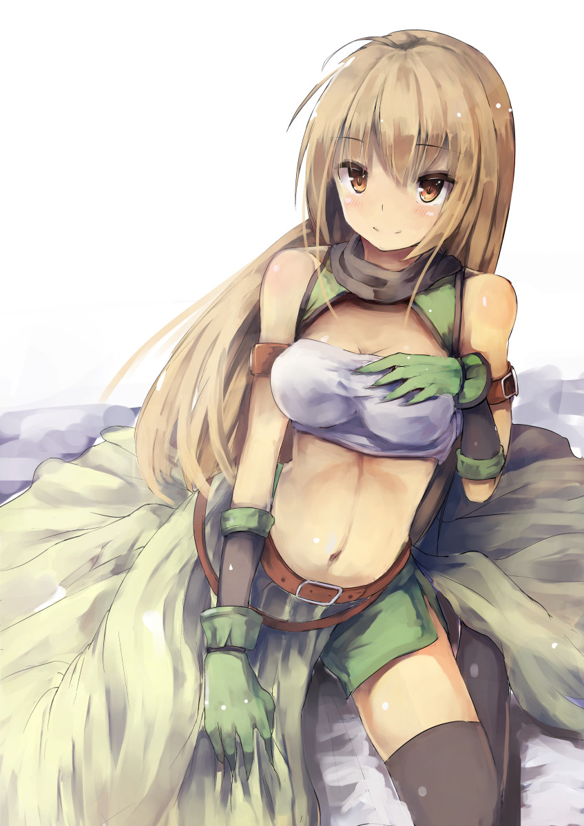 1girl, bandeau, battery_aida_ni_misu_ga_deta, belt, breasts, brown_eyes, brown_hair, gloves