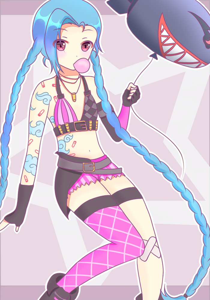1girl, balloon, blue_hair, braid, gloves, jinx_(league_of_legends), league_of_legends, long_hair, pink_eyes, qiuyuan_lu, single_thighhigh, tattoo, thighhighs, twin_braids, twintails