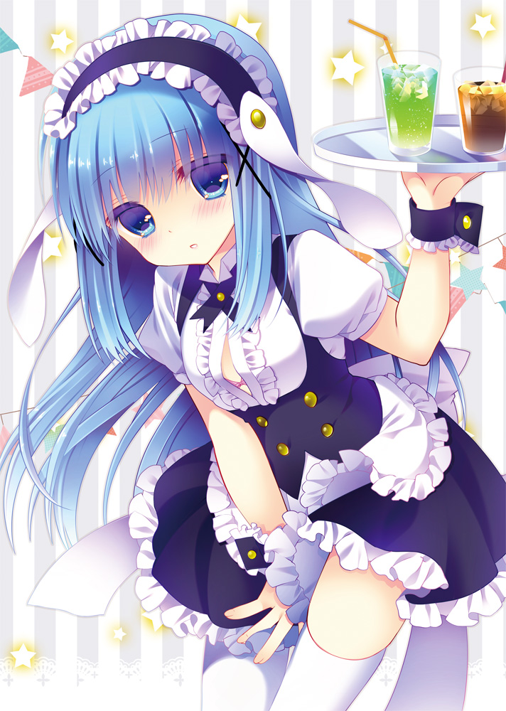 1girl, alternate_costume, apron, blouse, blue_eyes, blue_hair, blush, cowboy_shot