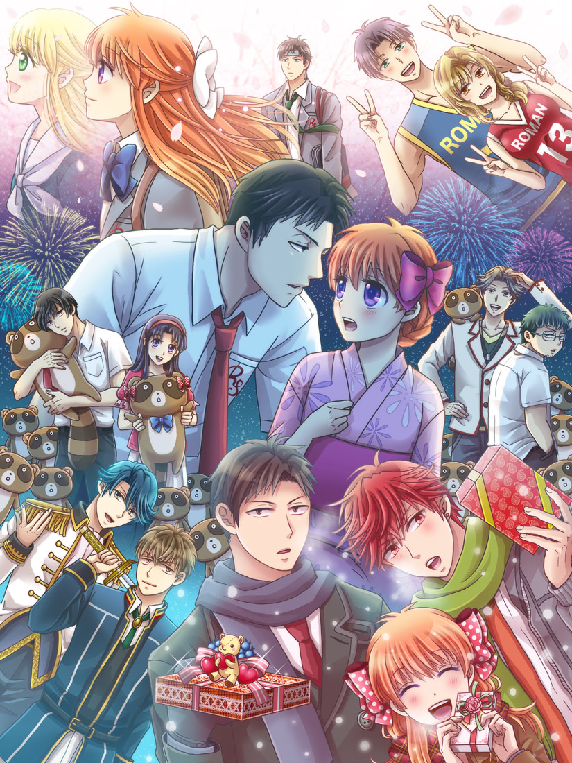 10s, 5girls, 6+boys, black_hair, blonde_hair, blue_hair, bow, brown_eyes, brown_hair, double_v, epaulettes, eriyama, fireworks, gekkan_shoujo_nozaki-kun, glasses, green_eyes, green_hair, hair_bow, hori_masayuki, japanese_clothes, kashima_yuu, kimono, maeno_mitsuya, mamiko_(koi_shiyou!), mikoshiba_mikoto, miyako_yukari, miyamae_ken, multiple_boys, multiple_girls, nozaki_mayu, nozaki_umetarou, open_mouth, orange_hair, polka_dot, polka_dot_bow, purple_eyes, red_eyes, red_hair, reverse_trap, sakura_chiyo, school_uniform, seo_yuzuki, serafuku, smile, tanuki, too_many, v, wakamatsu_hirotaka, yukata