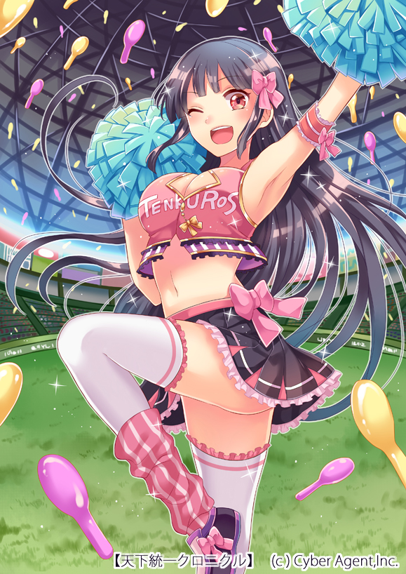 1girl, armpits, black_hair, breasts, cheerleader, cleavage, female_focus, long_hair