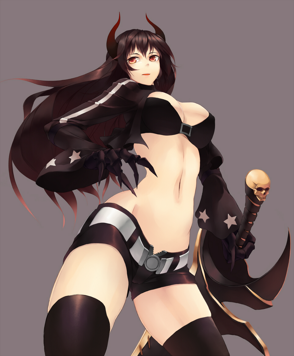 10s, 1girl, black_gold_saw, black_hair, black_rock_shooter, breasts, claws, cleavage