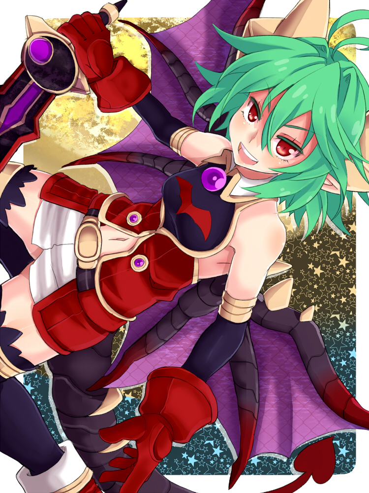 1girl, bare_shoulders, demon_tail, female_focus, green_hair, looking_at_viewer, navel, open_mouth