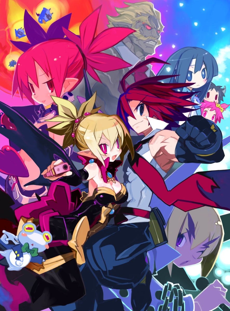4boys, 4girls, adell_(disgaea), akutare_(disgaea), armpits, black_gloves, black_hair, black_pants, blonde_hair, blue_eyes, bow, bright_pupils, chain, clenched_hand, disgaea, earrings, elbow_gloves, etna_(disgaea), fake_zenon, frog, gloves, gun, hair_bobbles, hair_ornament, hanako_(disgaea), harada_takehito, highres, jewelry, makai_senki_disgaea_2, microphone, multiple_boys, multiple_girls, muscular, necktie, official_art, one_eye_closed, pants, pink_eyes, pointy_ears, prinny, purple_eyes, red_eyes, red_hair, rozalin, short_hair, side_ponytail, slit_pupils, smile, spiked_hair, taro_(disgaea), tink_(disgaea), twintails, weapon, yellow_bow, yukimaru