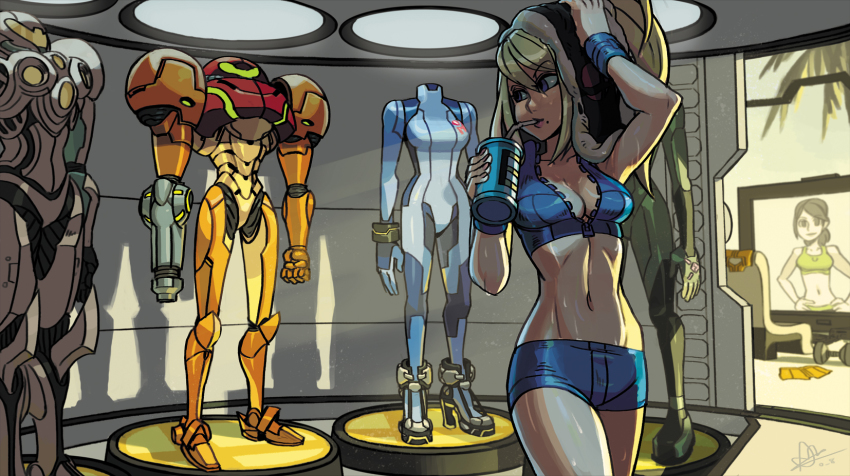 2girls, abs, alex_ahad, arm_cannon, arm_up, armor, bodysuit, breasts, chair, cleavage, cowboy_shot, drink, drinking, drinking_straw, dumbbell, e-tank, gloves, hair_between_eyes, hands_on_own_hips, helmet, high_heels, high_ponytail, highres, holding, indoors, light_suit_(metroid), medium_breasts, mega_man_(series), metroid, metroid:_other_m, metroid:_zero_mission, metroid_fusion, metroid_prime_2:_echoes, midriff, mole, mole_under_mouth, multiple_girls, navel, nintendo, ponytail, power_armor, power_suit, power_suit_(metroid), samus_aran, shadow, short_shorts, shorts, signature, solo_focus, sports_bra, super_smash_bros., sweat, television, toned, toned_female, towel, towel_on_head, unzipped, varia_suit, visor, weapon, weights, wii_fit, wii_fit_trainer_(female), wristband, zero_suit, zipper
