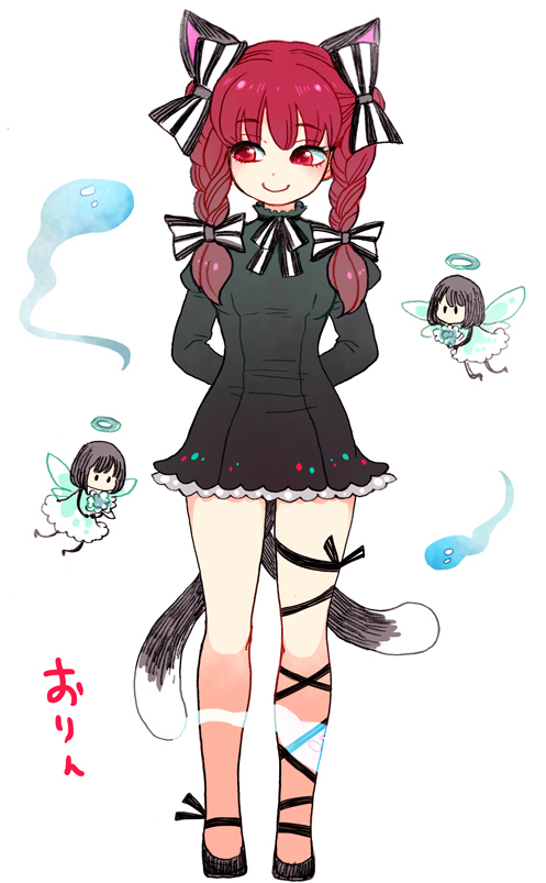 animal_ears, arms_behind_back, blush, bow, braid, cat_ears, cat_tail, dress, hair_bow, hitodama, kaenbyou_rin, leg_ribbon, long_hair, long_sleeves, mashuu_masaki, multiple_girls, multiple_tails, nekomata, red_eyes, red_hair, ribbon, simple_background, smile, tail, thigh_ribbon, touhou, translation_request, twin_braids, white_background, zombie_fairy_(touhou)