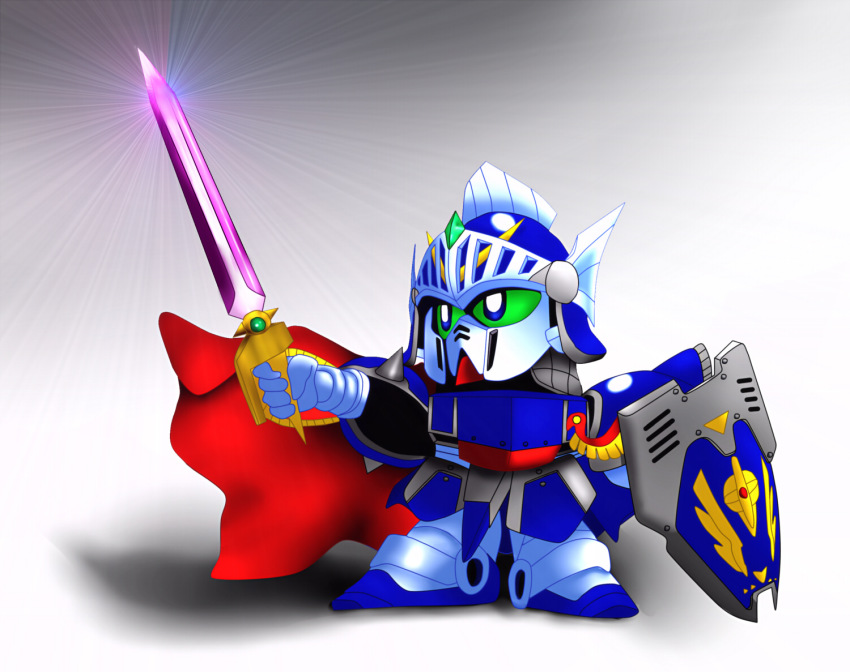 1980s_(style), cape, chibi, green_eyes, gundam, gundam_0080, gundam_alex, knight_alex, mecha, oldschool, retro_artstyle, robot, sd_gundam, shield, sword, tetsua, weapon