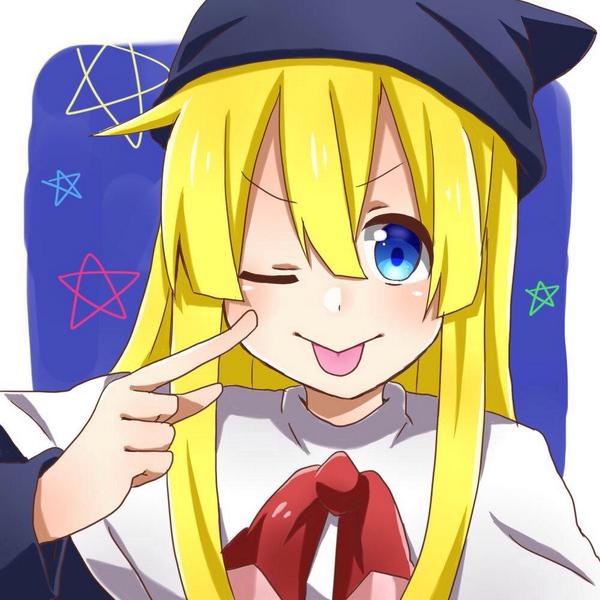 1girl, blonde_hair, blue_background, blue_dress, blue_eyes, dress, female_focus, hat