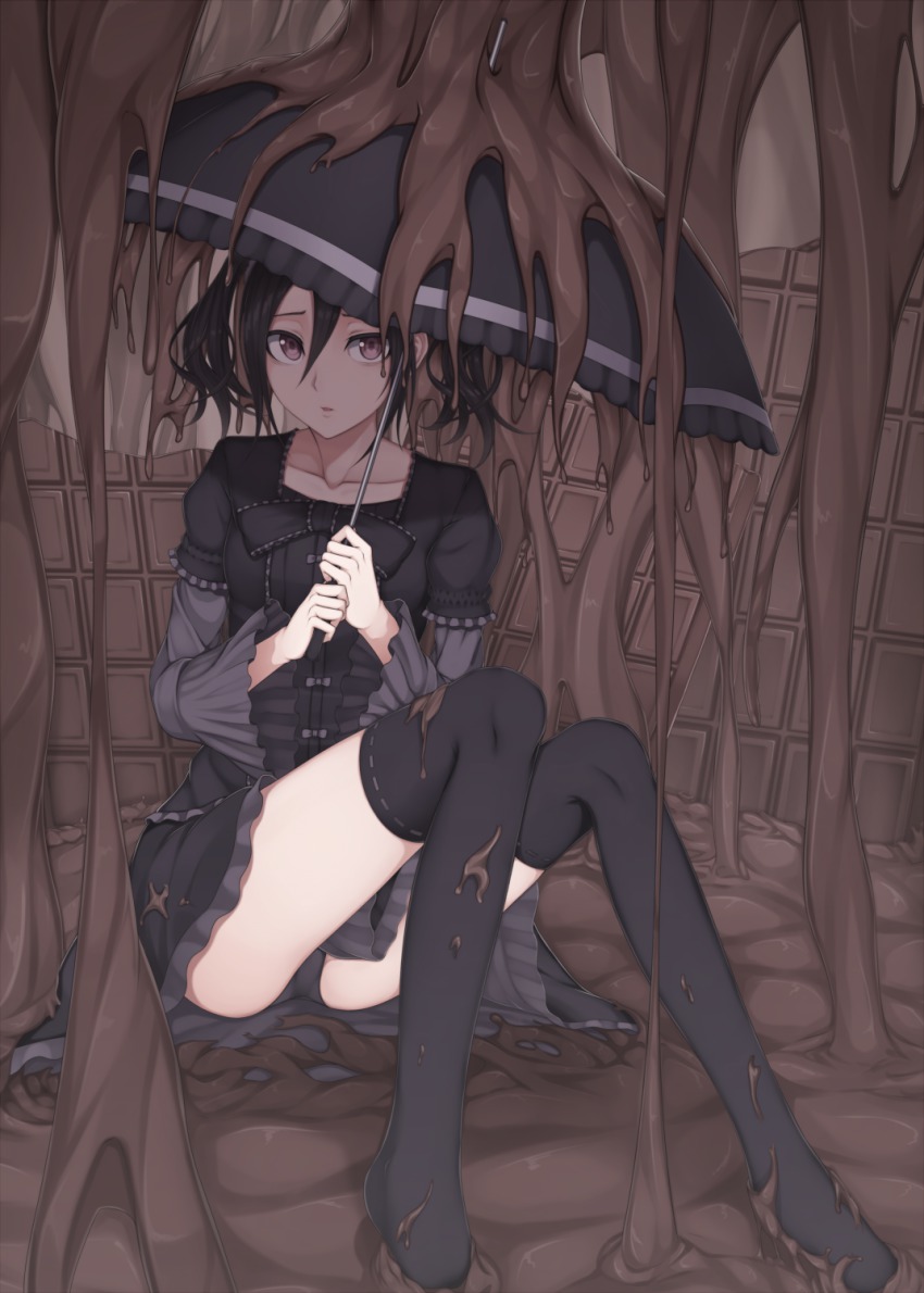 1girl, bad_id, bad_pixiv_id, black_hair, black_panties, black_skirt, black_thighhighs, chocolate