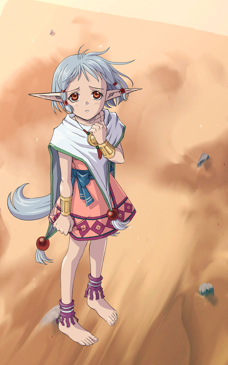 1girl, anklet, barefoot, blue_hair, brown_background, brown_eyes, cape, choker