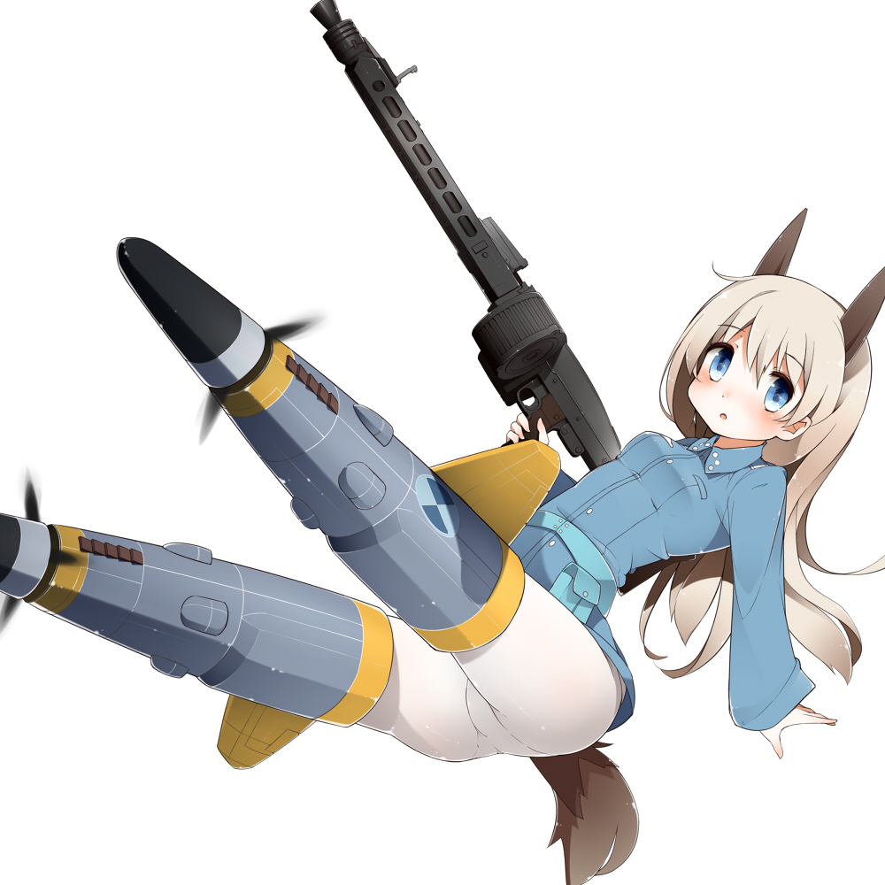 1girl, animal_ears, bad_id, bad_pixiv_id, blue_eyes, blush, double-drum_magazine, drum_magazine