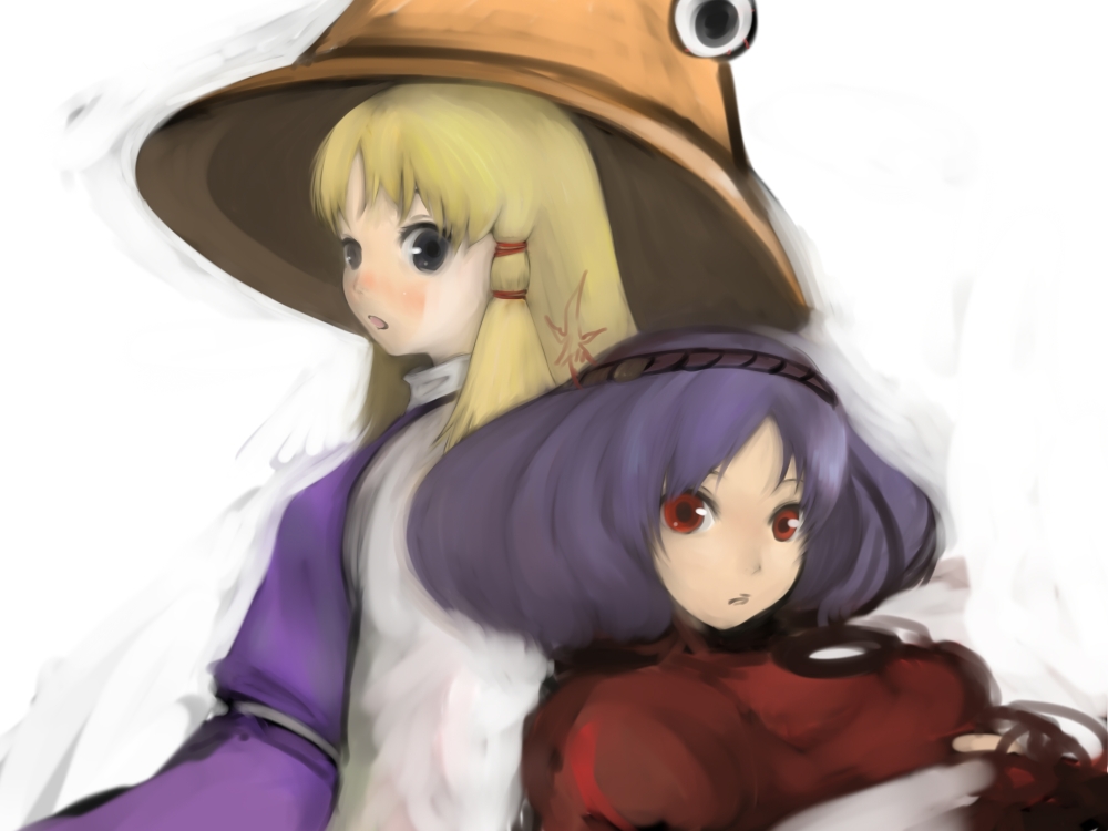 2girls, back-to-back, bad_id, bad_pixiv_id, blonde_hair, female_focus, hat, inoe